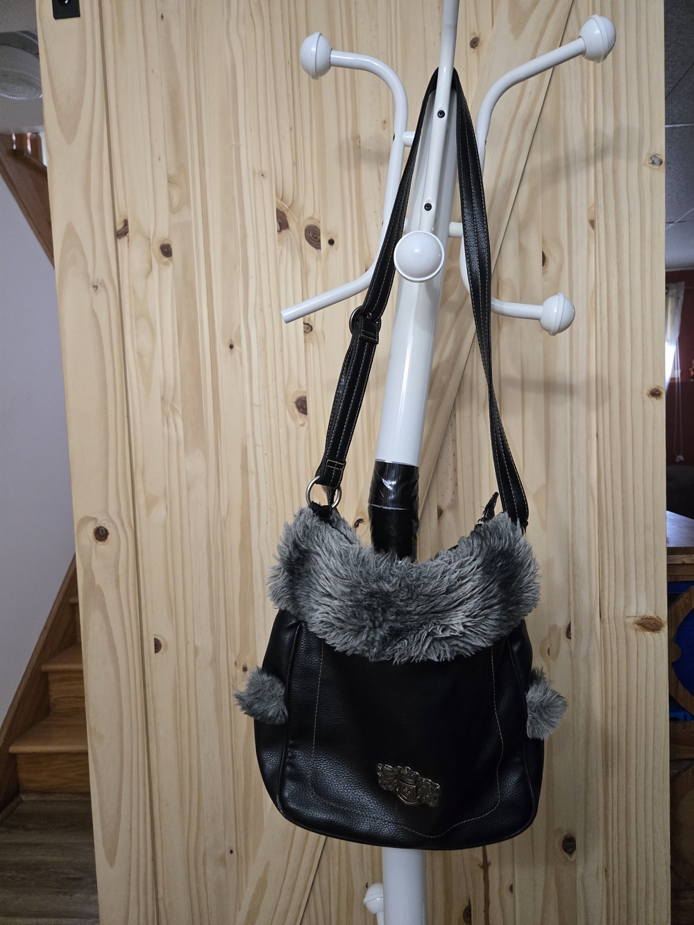 Airoldi Couture Black Leather Bag - Grey Faux Fur Trim & Crest